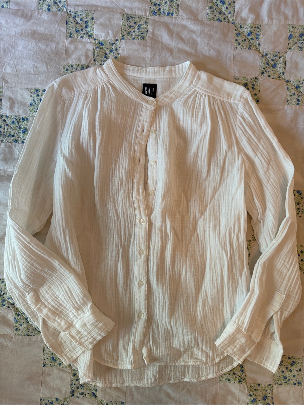 GAP Cream Textured Button-Down Collarless Shirt